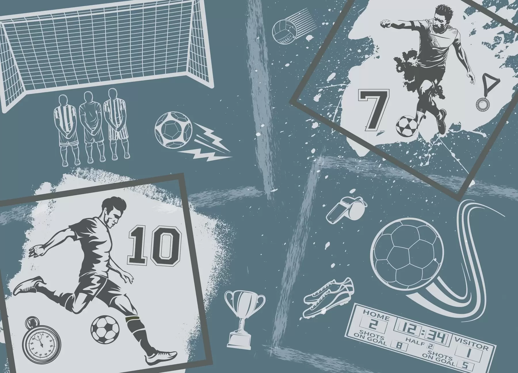 wall murals Football players, ball and other soccer attributes in blue tones w03122