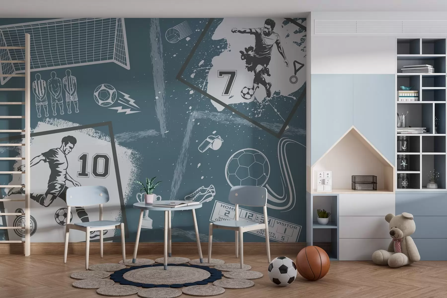 wall murals Football players, ball and other soccer attributes in blue tones w03122