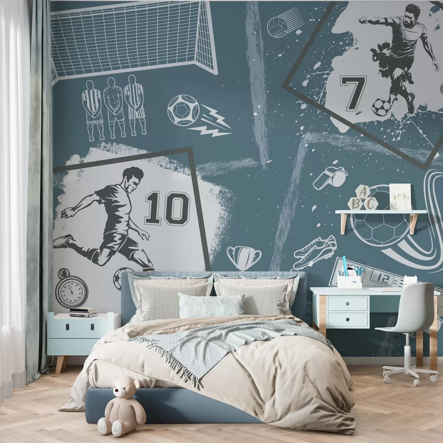 wall murals Football players, ball and other soccer attributes in blue tones w03122