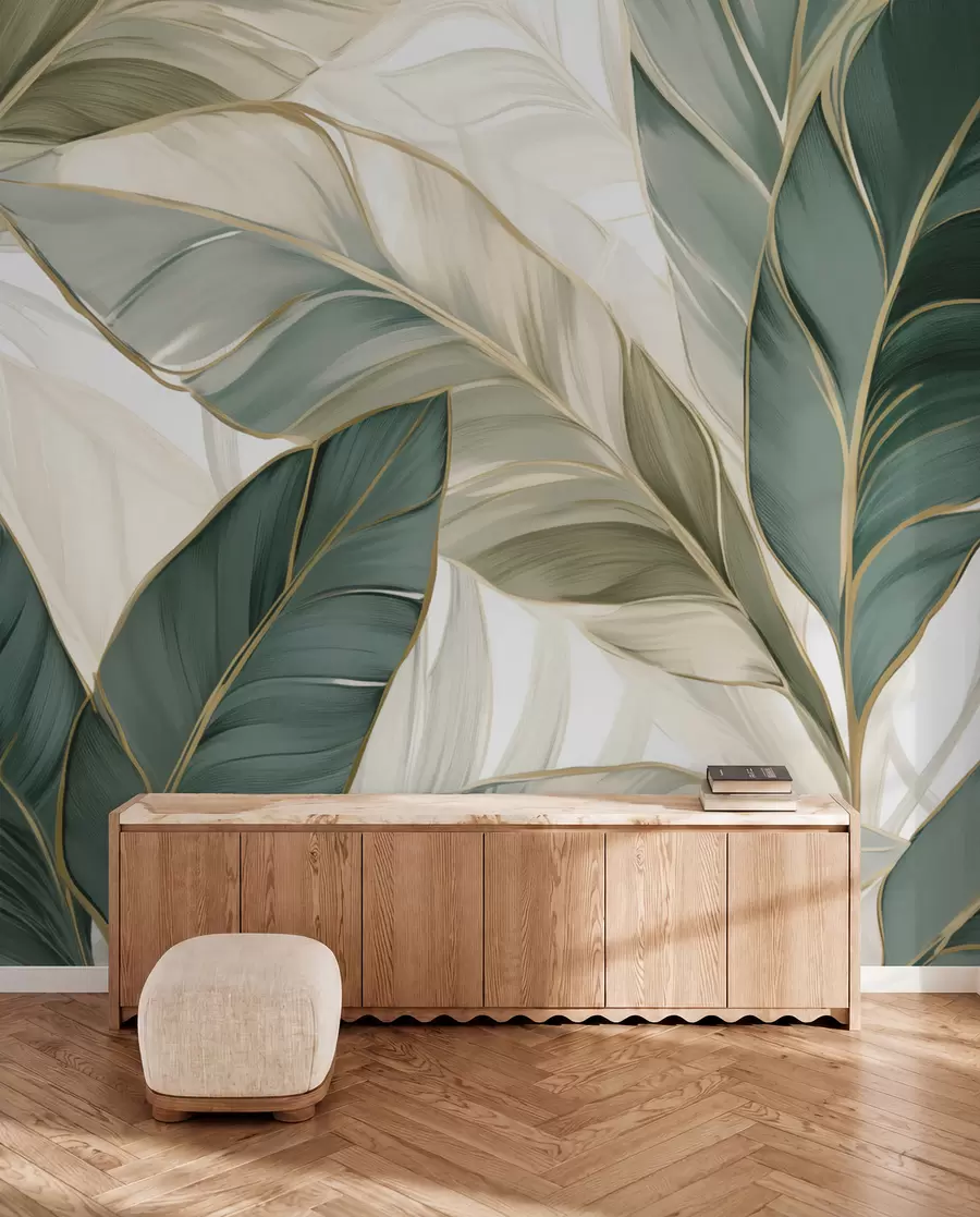 wall murals Green tropical leaves on gray and white background w03124