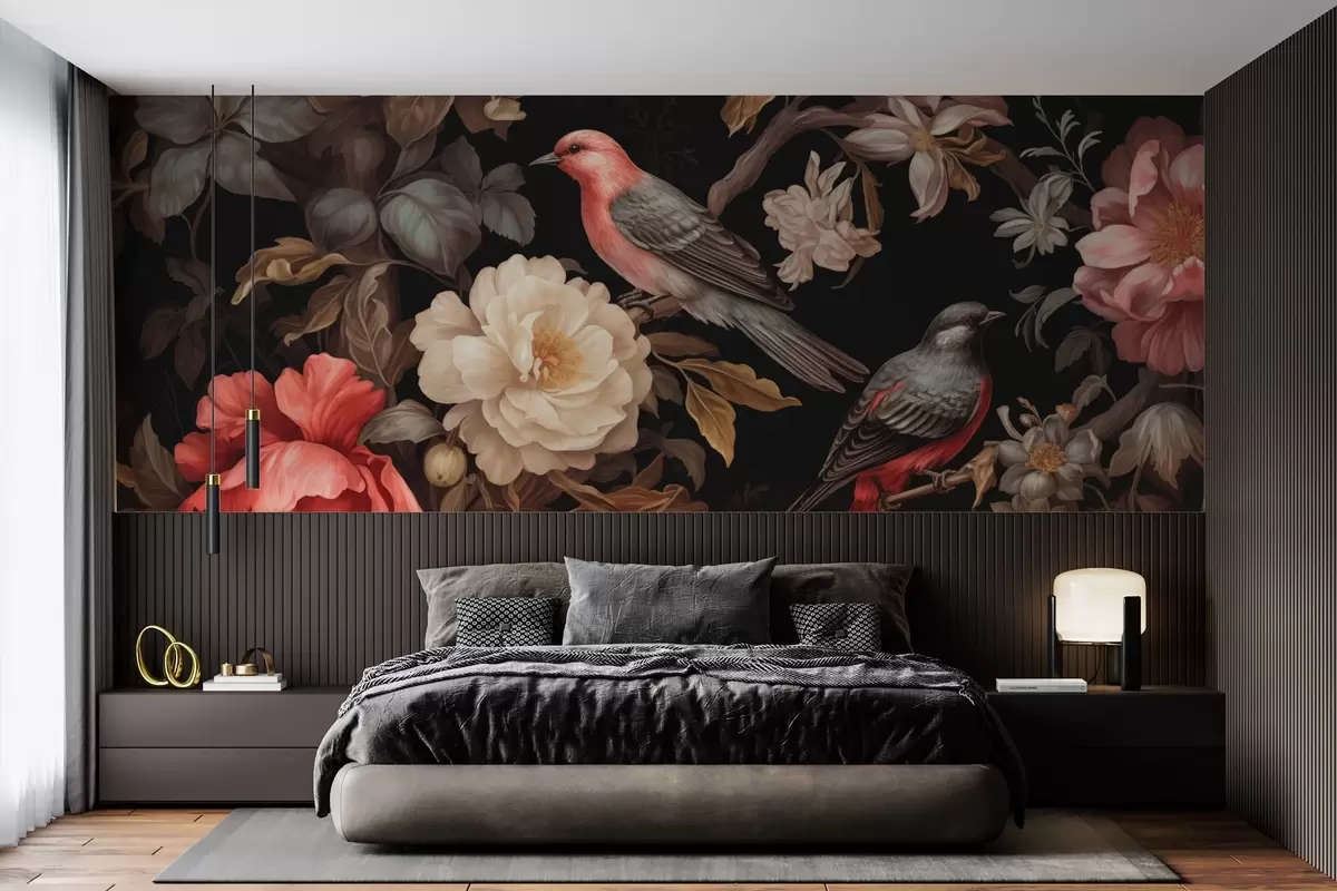 wall murals Birds and flowers in dark accents w03131
