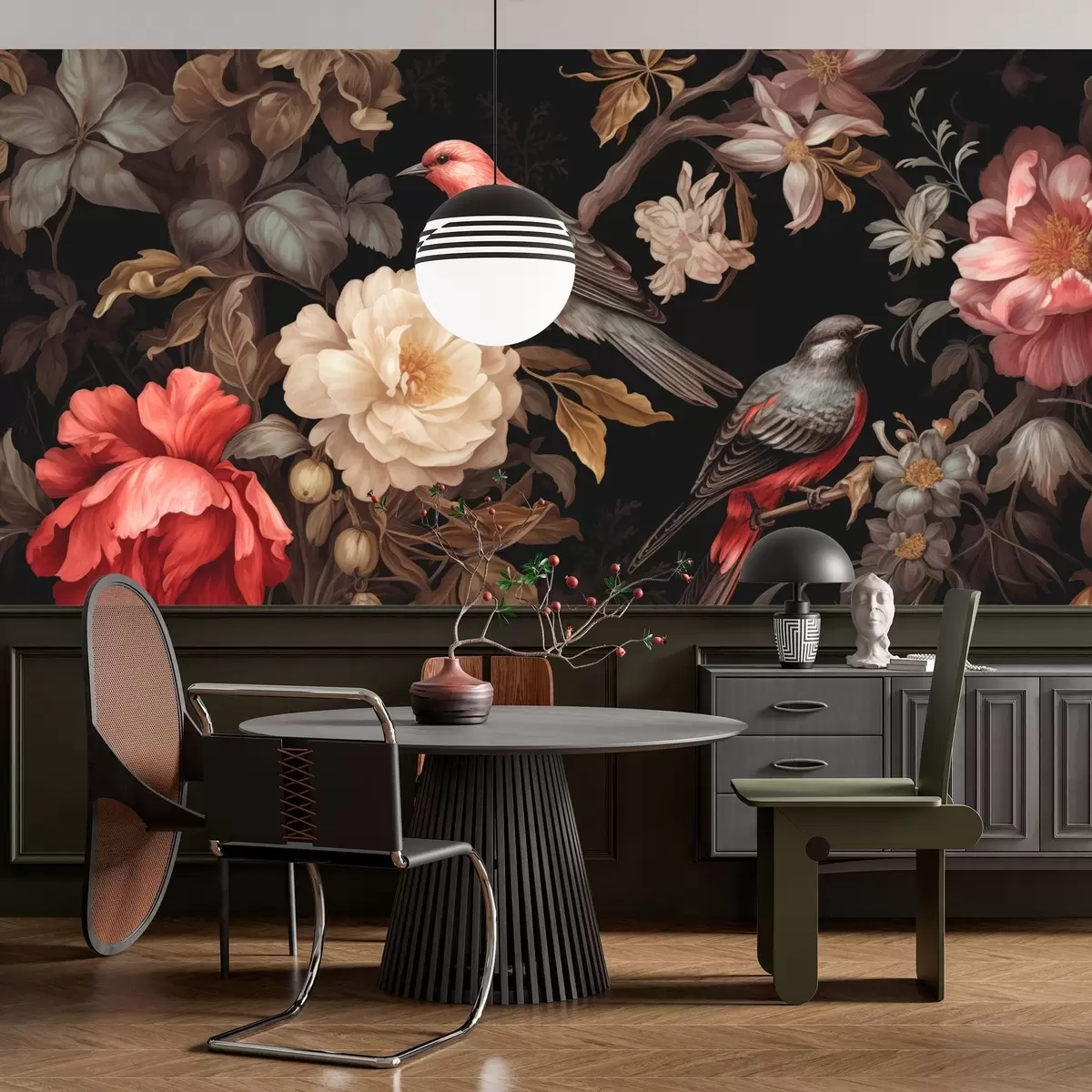 wall murals Birds and flowers in dark accents w03131