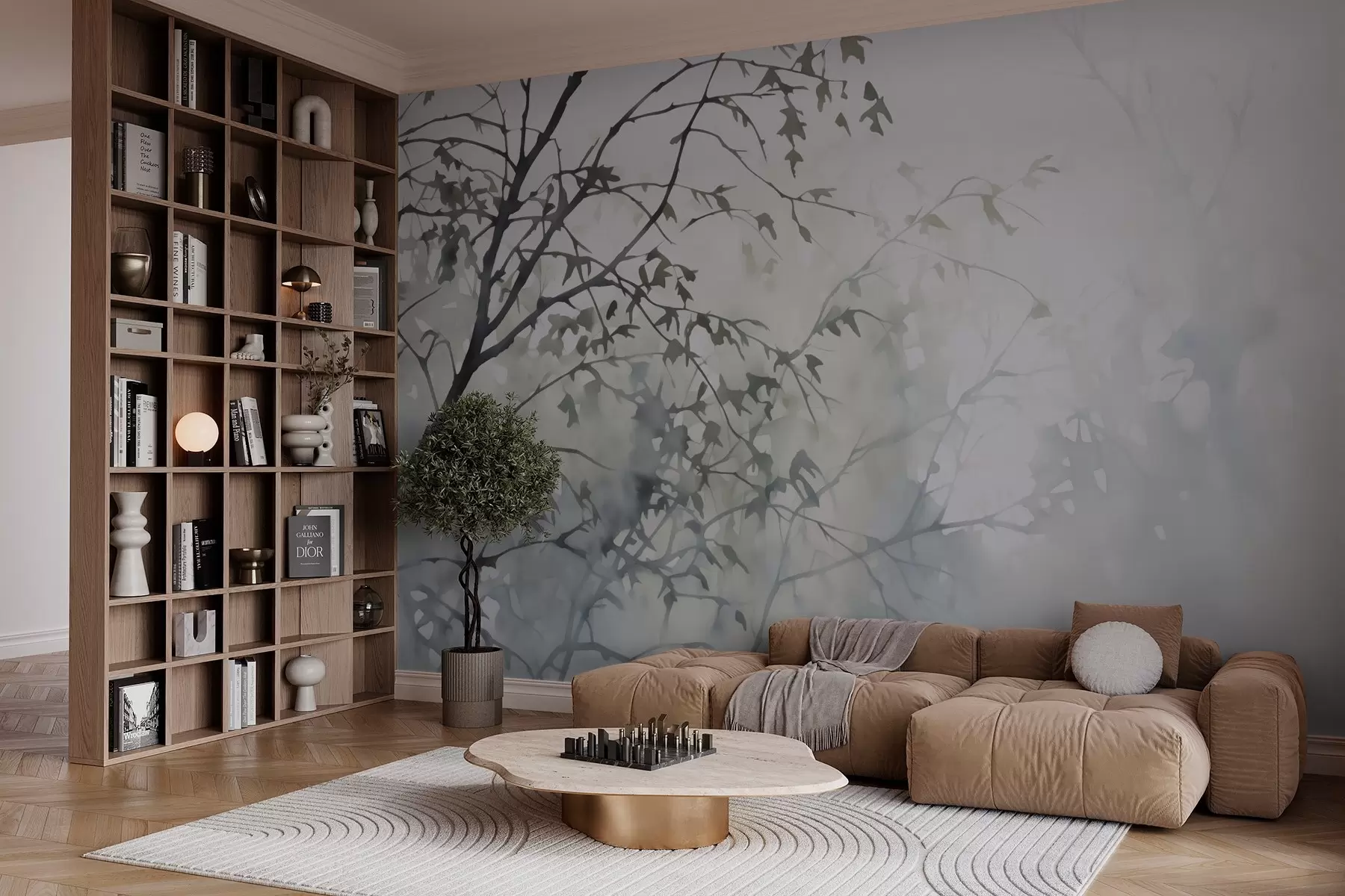 wall murals Silhouettes of tree branches and shadows imitation of watercolor w03175