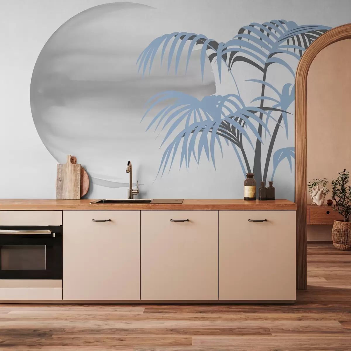 wall murals Palm tree on a spot background, shade of gray and blue w03185