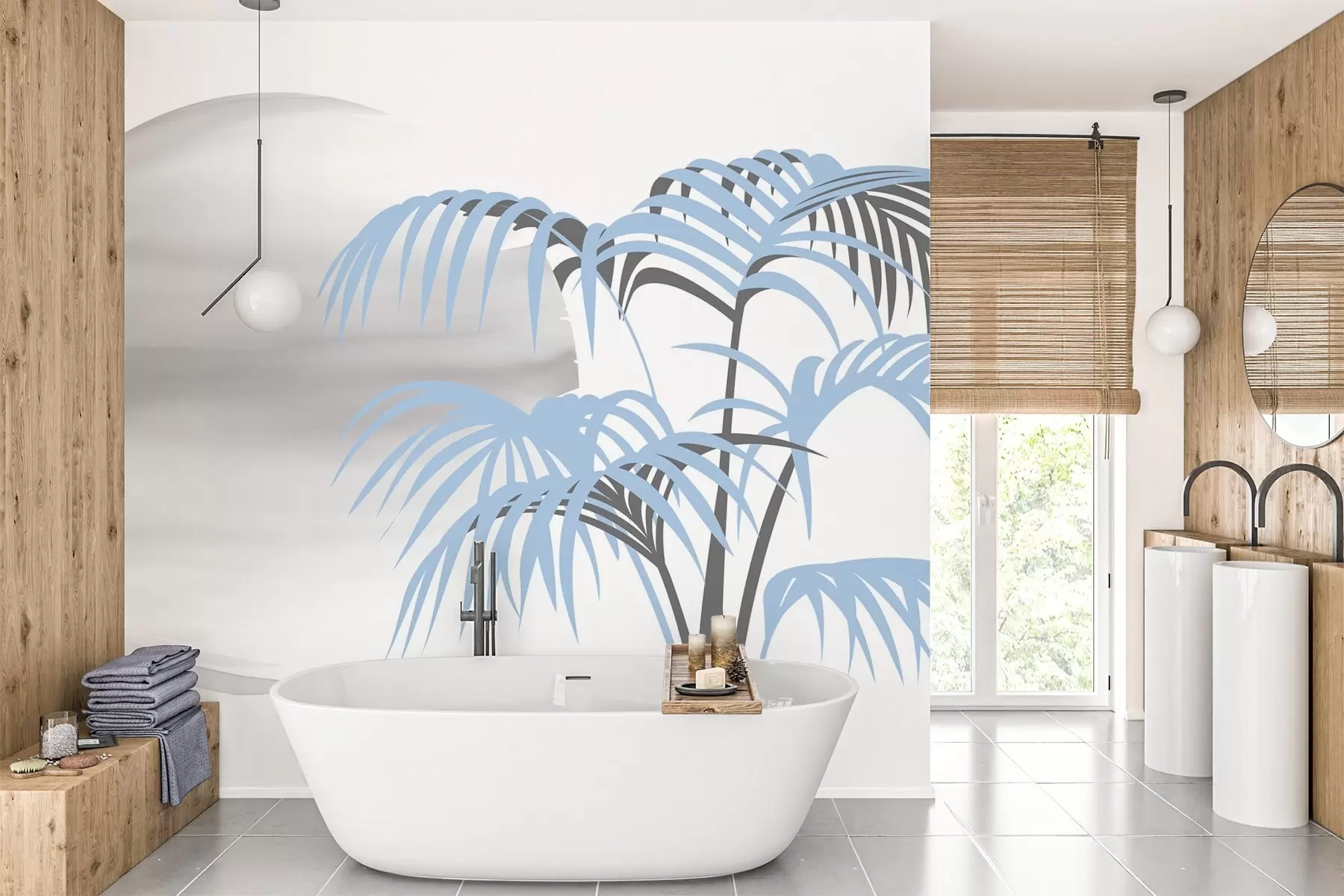 wall murals Palm tree on a spot background, shade of gray and blue w03185