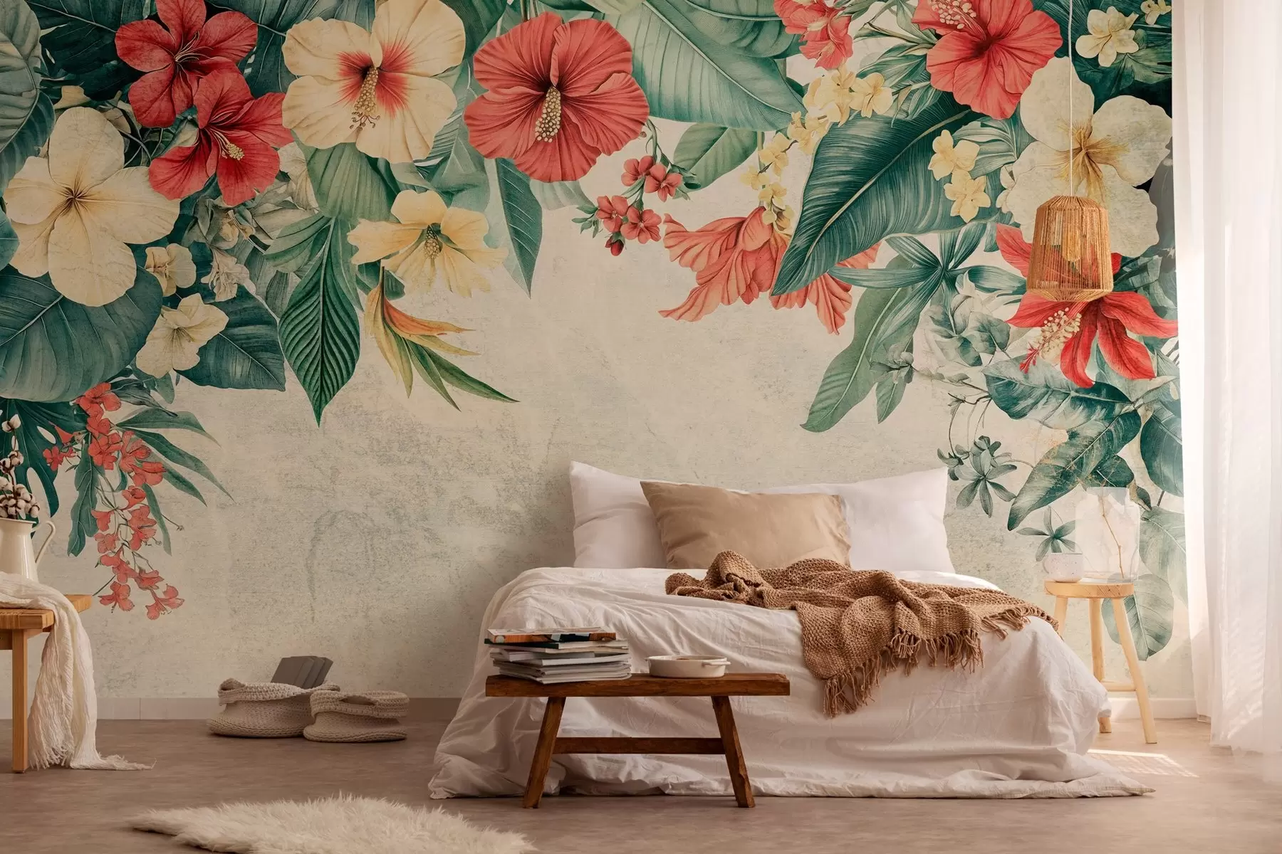 wall murals tropical flowers and plants hanging from above on a textured background w03023