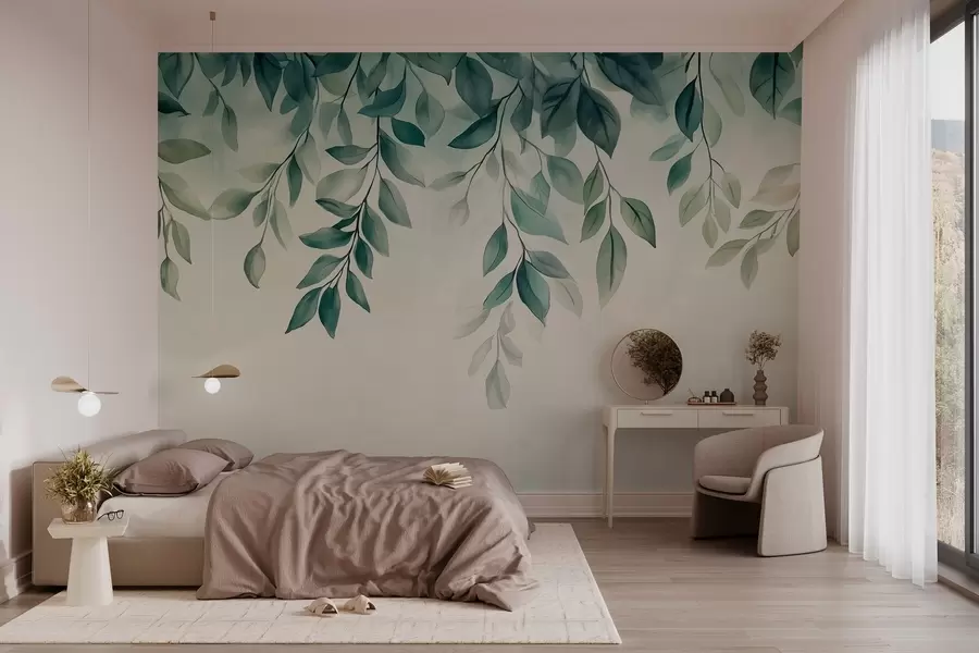 wall murals green watercolor-style leaves hanging from the top w03024