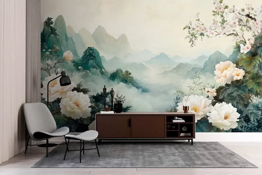 wall murals landscape with flowers and hills in oriental style w03111