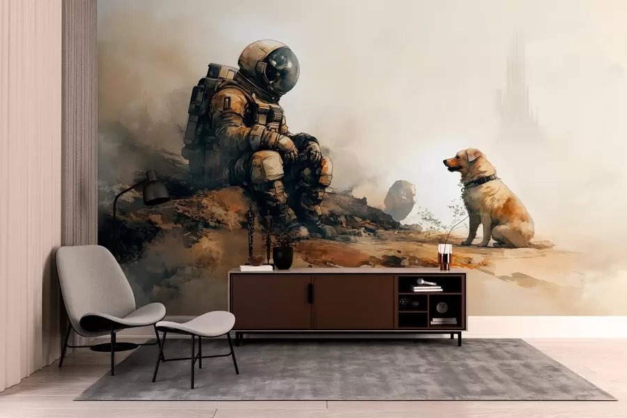 wall murals post-apocalyptic landscape with an astronaut and a dog w03115