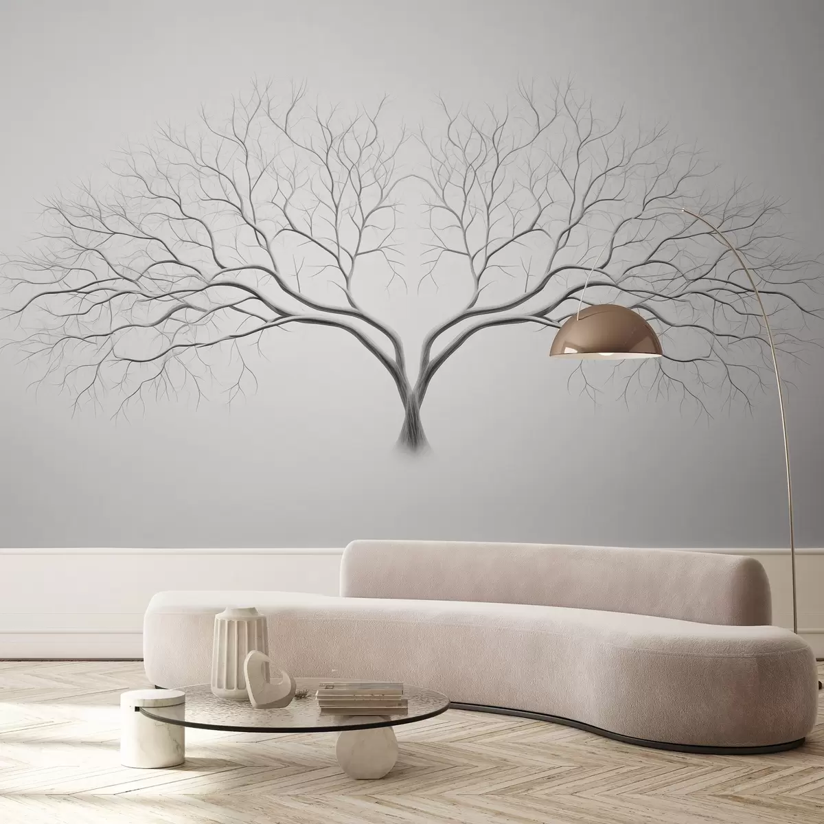 wall murals Minimalistic depiction of a tree with delicate branches on a light background w03159