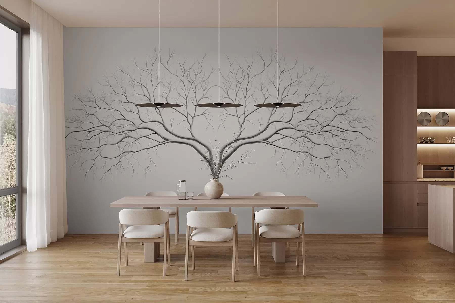 wall murals Minimalistic depiction of a tree with delicate branches on a light background w03159