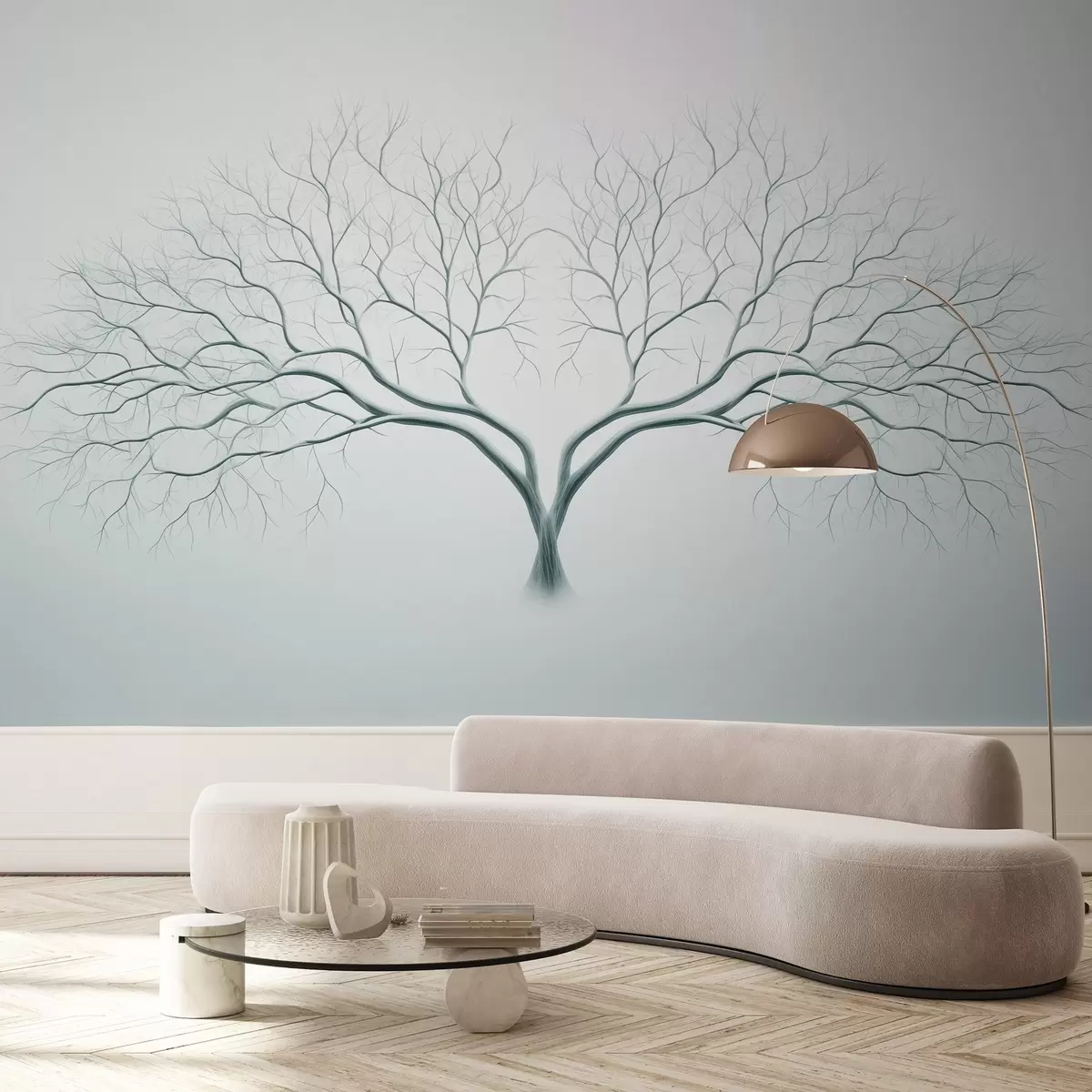 wall murals Minimalistic image of a tree with delicate branches on a light blue background w03159v1