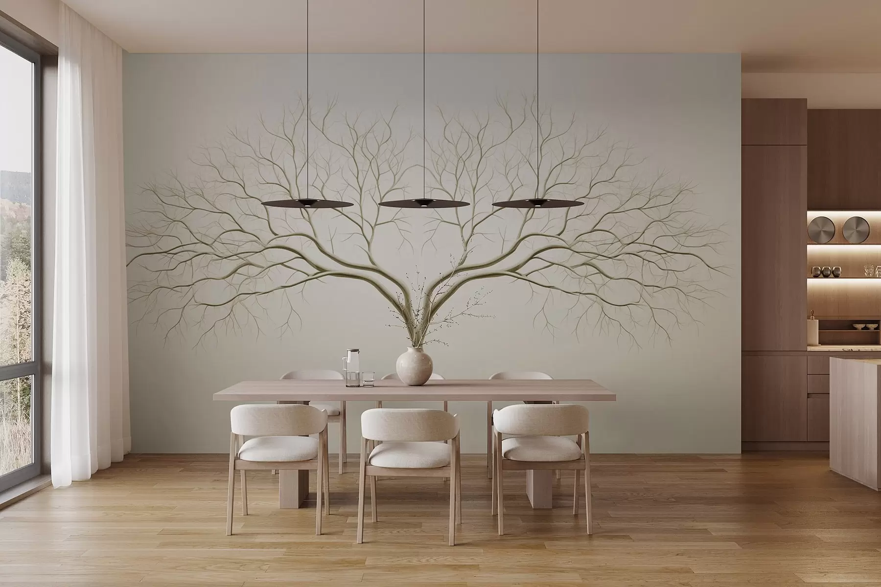 wall murals Minimalistic image of a tree with delicate branches on a light beige background w03159v2