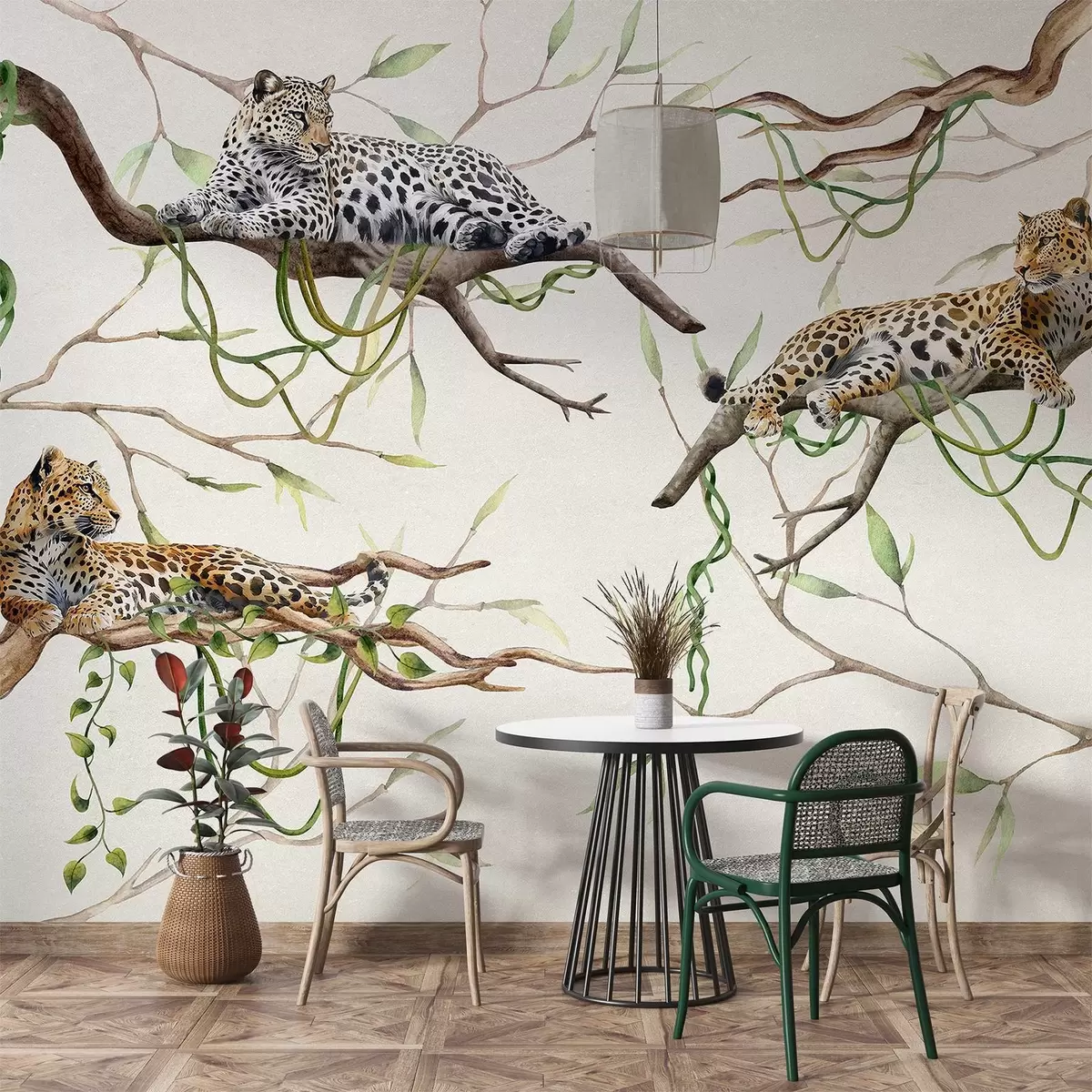 wall murals Leopards on the jungle trees, lianas, tropical, wild animals, natural color pallete w03146