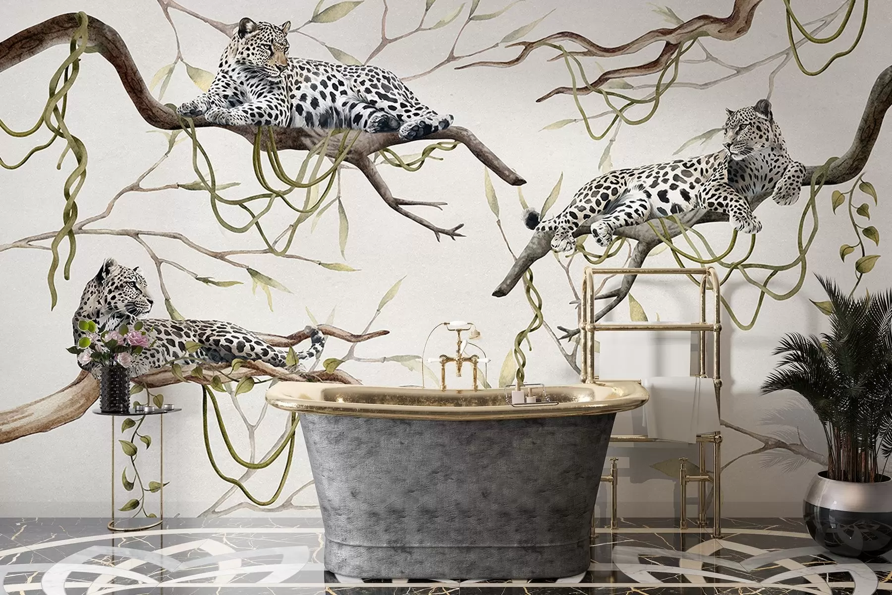 wall murals Leopards on the jungle trees, lianas, tropical, wild animals, pastel color pallete w03146v4