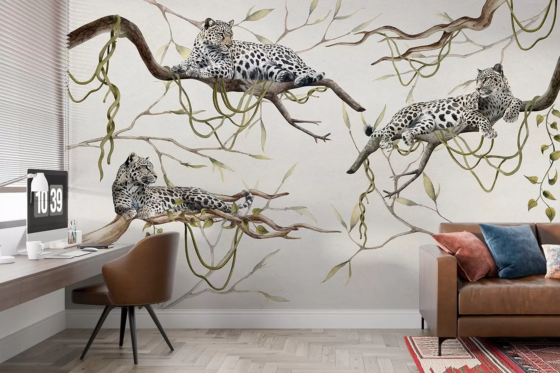 wall murals Leopards on the jungle trees, lianas, tropical, wild animals, pastel color pallete w03146v4