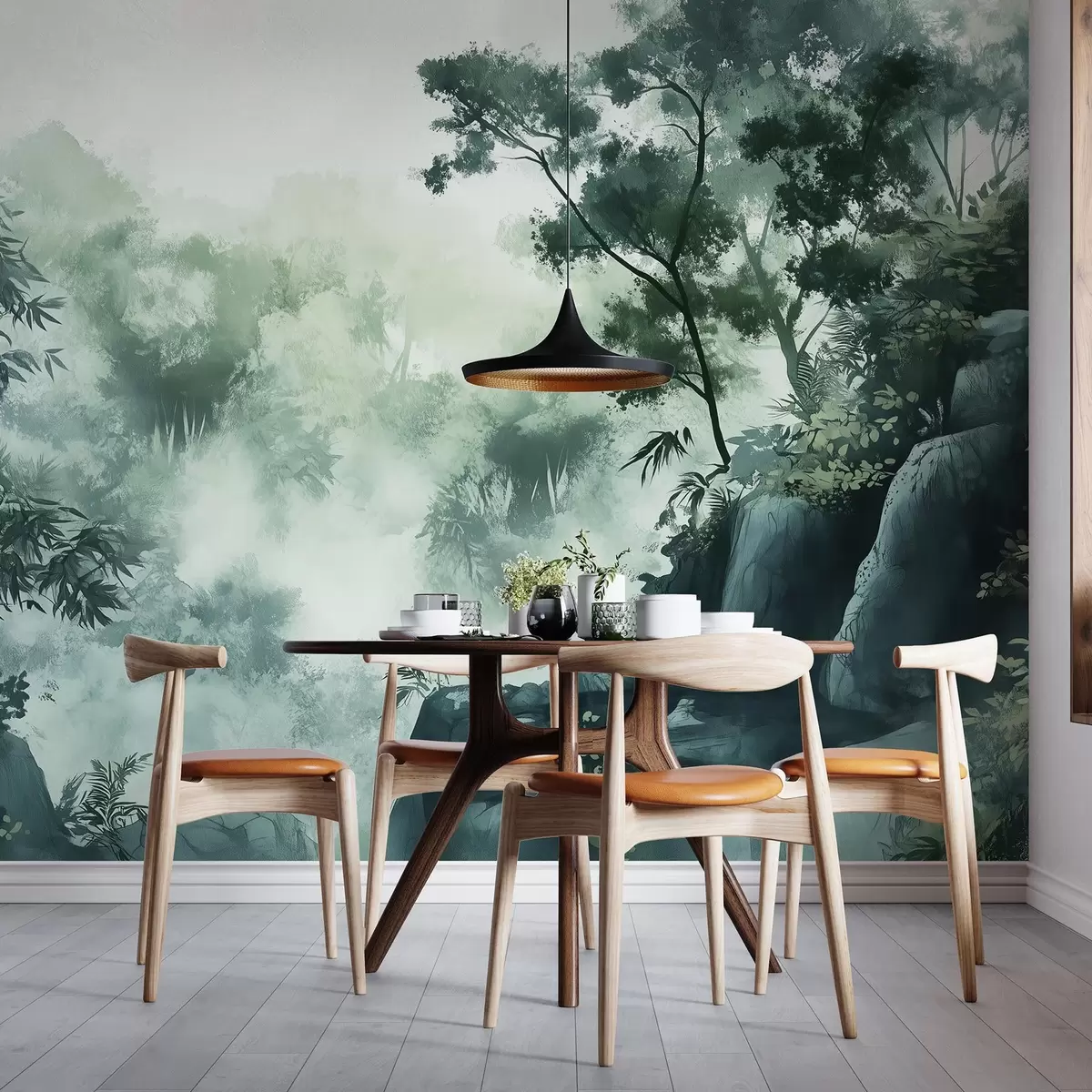 wall murals Oriental landscape, jungle, trees, watercolor style, green colors w03149