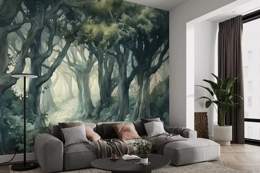 wall murals Forest with big trees, green color spallete, watercolor style drawing w03150