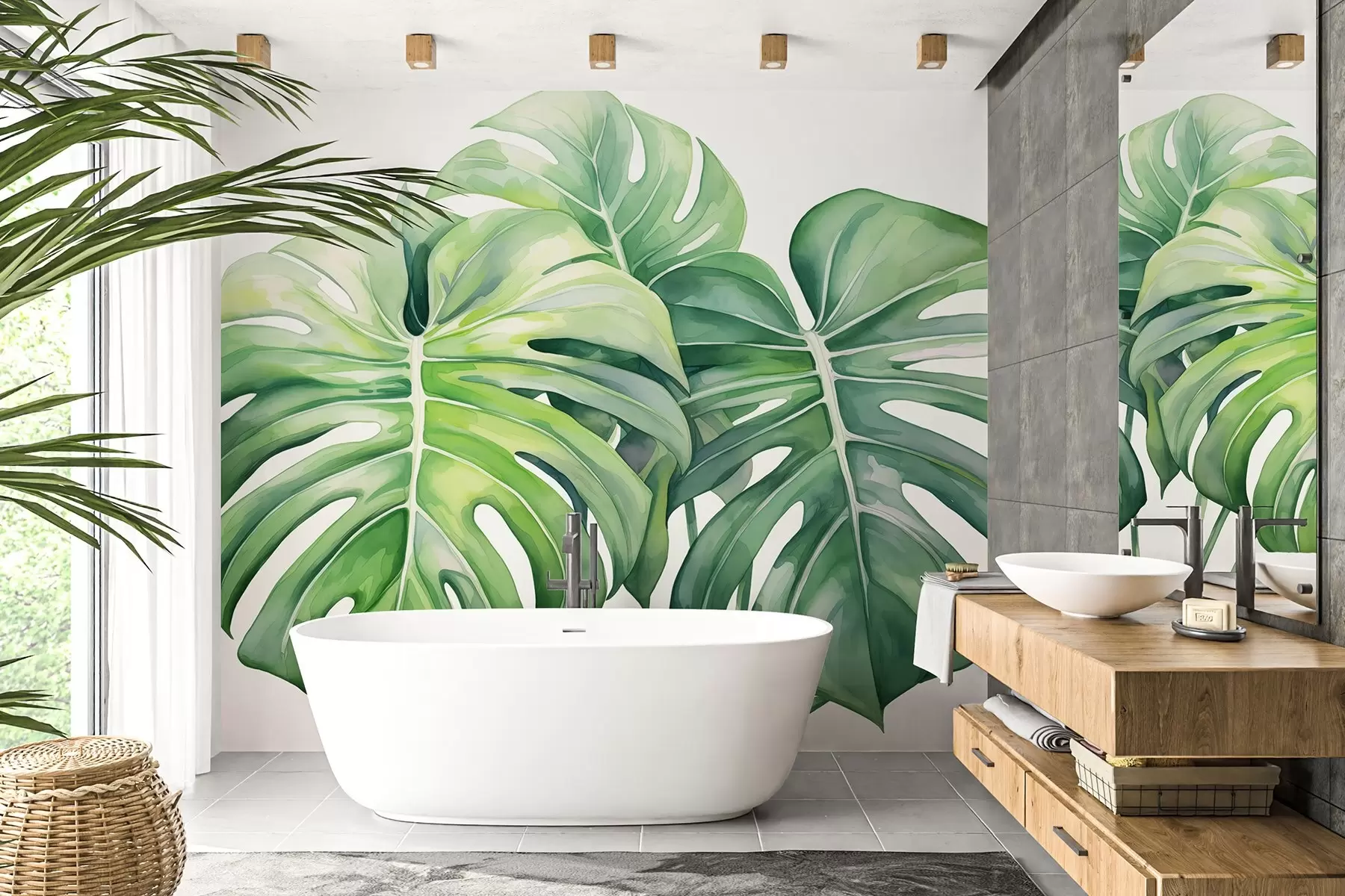 wall murals Big monstera leaves, tropical plants, watercolor style drawing, green colors w03151
