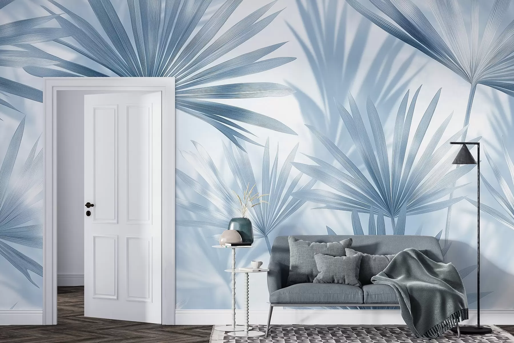 wall murals Palm leaves, floral pattern, minimalism, tropical, blue colors w03152