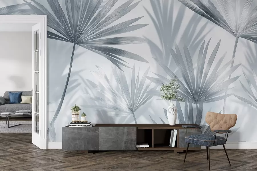 wall murals Palm leaves, floral pattern, minimalism, tropical, grey colors w03152v1