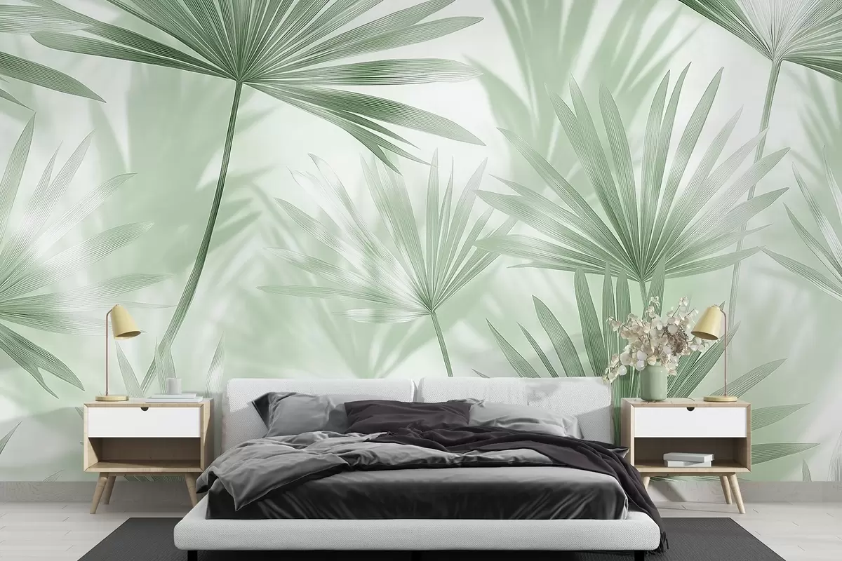 wall murals Palm leaves, floral pattern, minimalism, tropical, green colors w03152v2