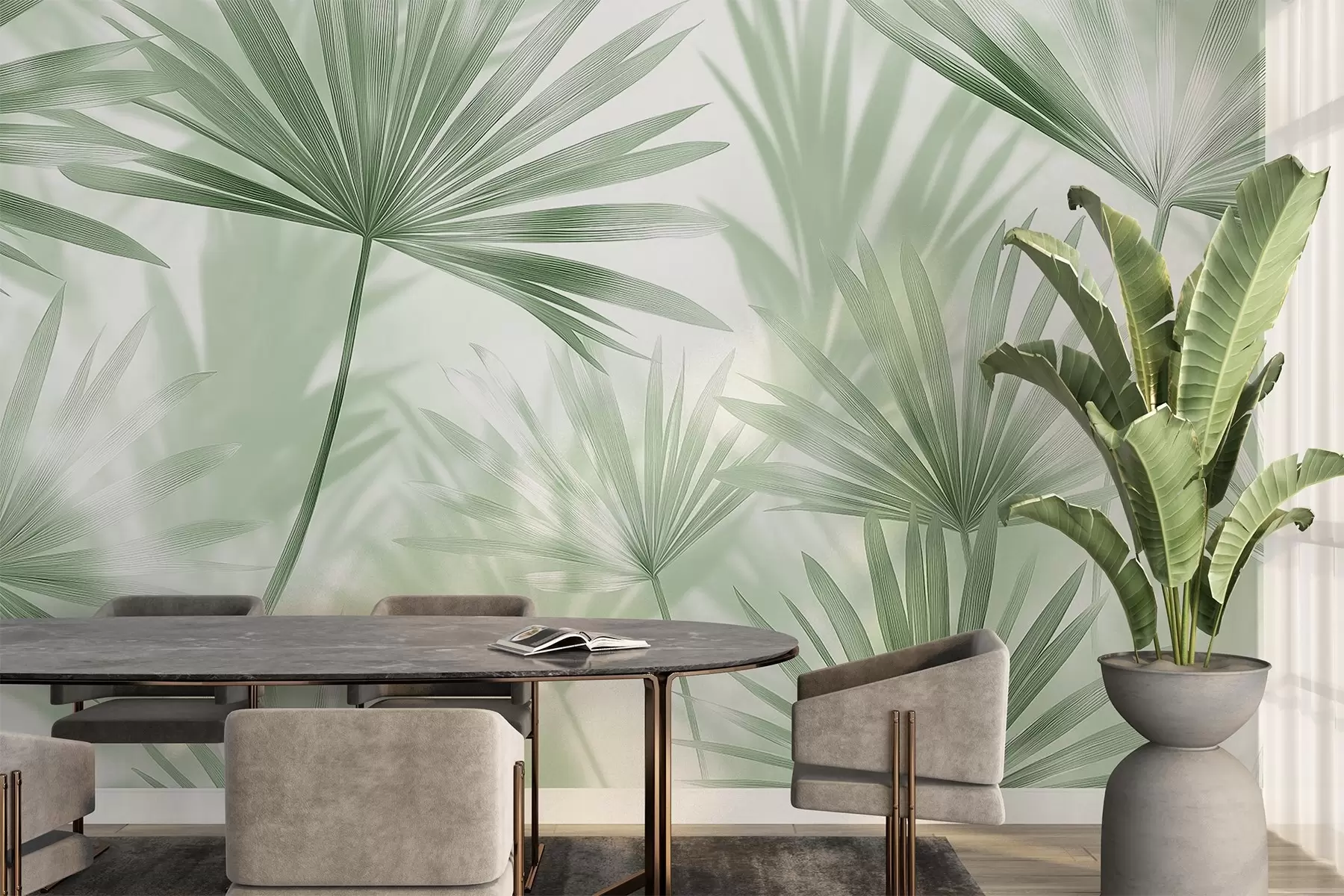 wall murals Palm leaves, floral pattern, minimalism, tropical, green colors w03152v2