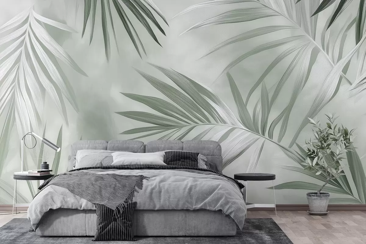 wall murals Tropical leaves abstraction, palm tree, green color palette w03153v2