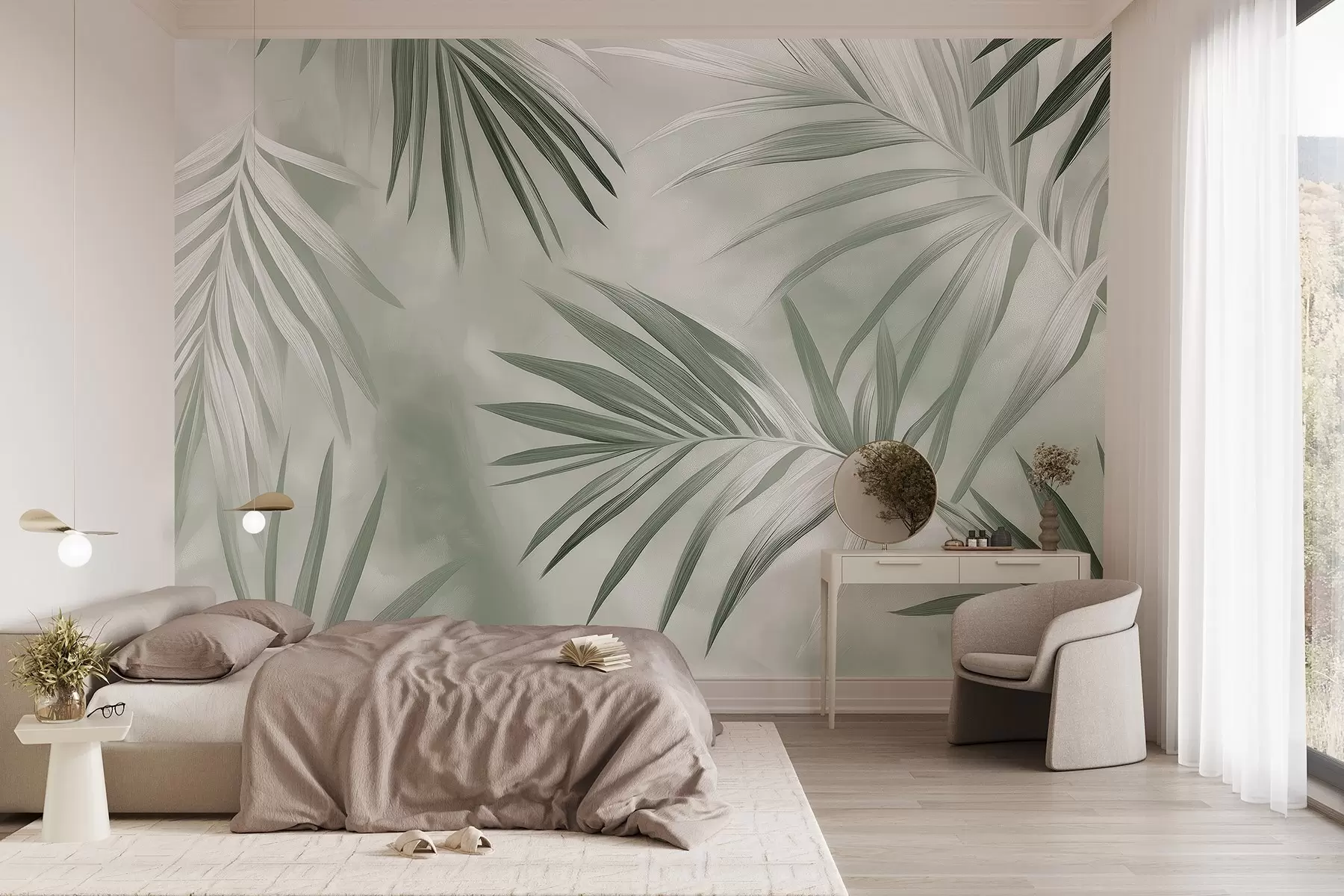 wall murals Tropical leaves abstraction, palm tree, green color palette w03153v2