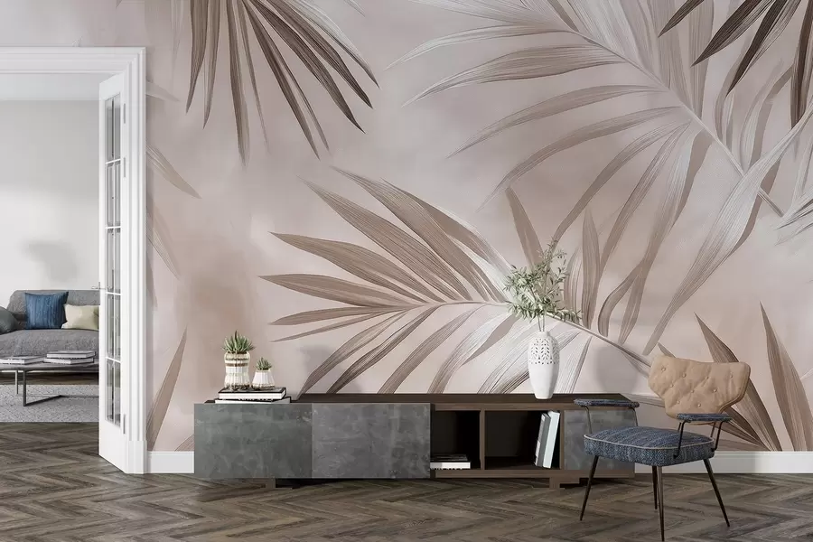 wall murals Tropical leaves abstraction, palm tree, beige color palette w03153v3