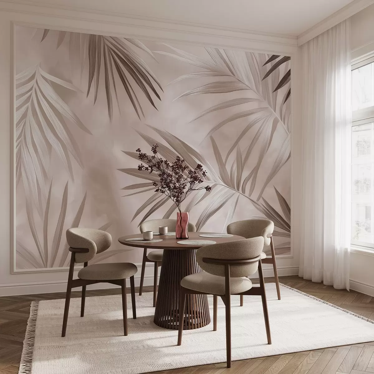 wall murals Tropical leaves abstraction, palm tree, beige color palette w03153v3