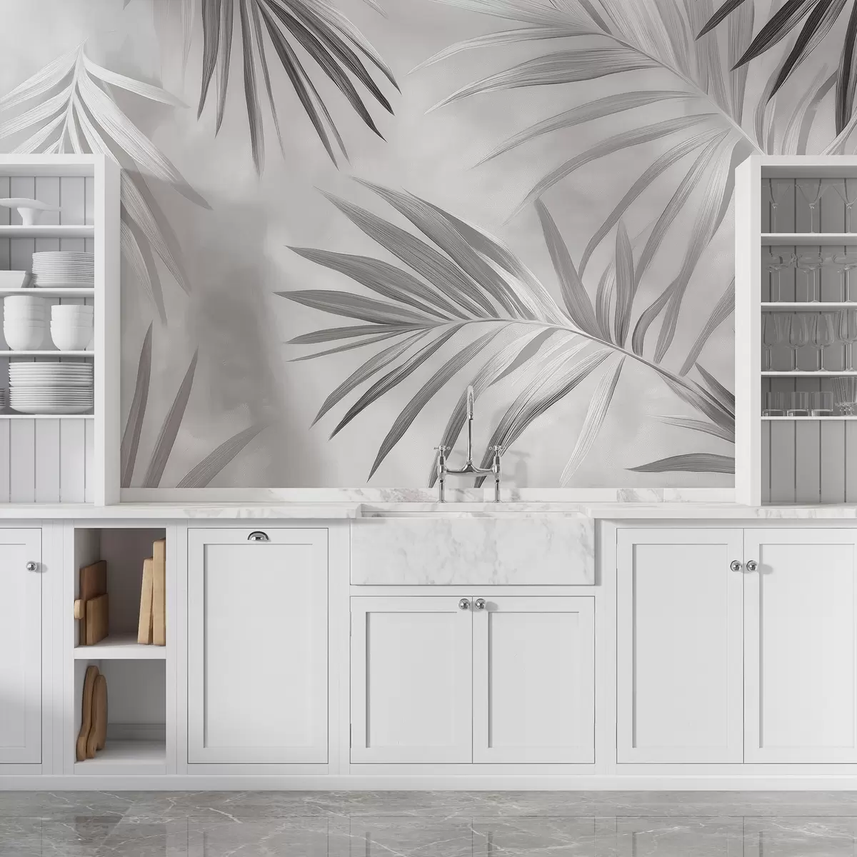 wall murals Tropical leaves abstraction, palm tree, grey color palette w03153v4