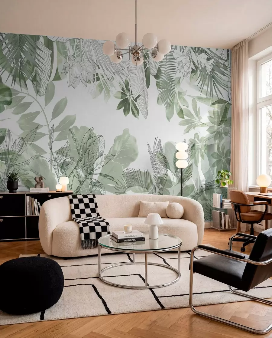 wall murals Green jungle print tropical plants and leaves on a white background w08823