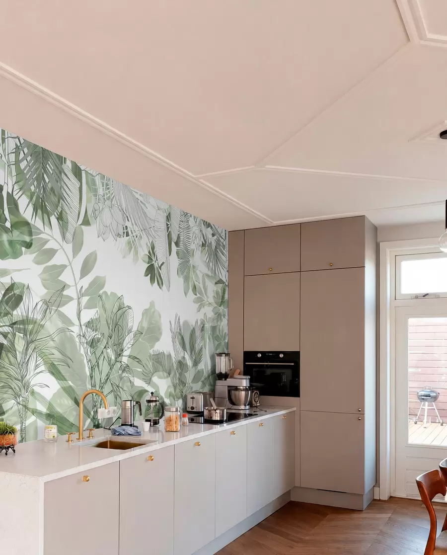 wall murals Green jungle print tropical plants and leaves on a white background w08823
