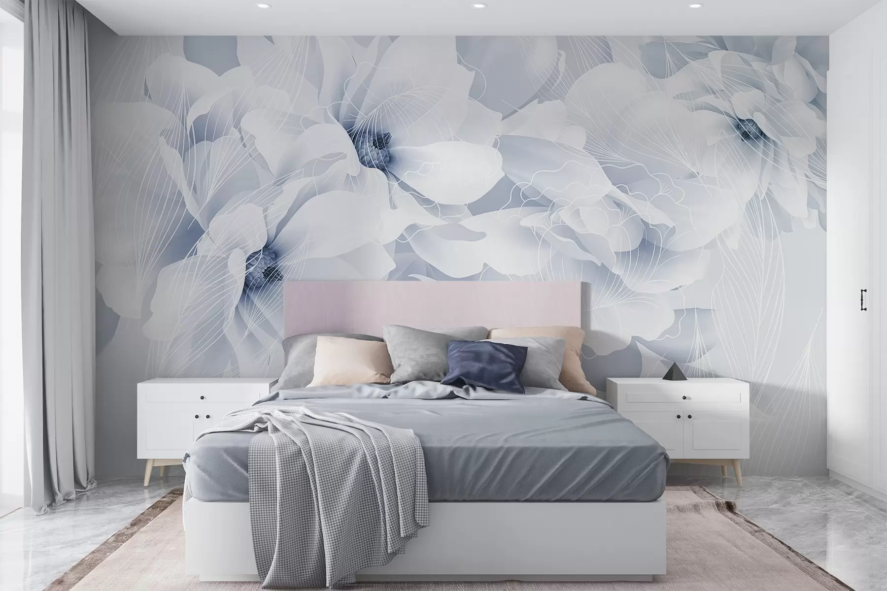 wall murals Pastel peony flowers with white and blue delicate petals and white lines on a light blue background w08826