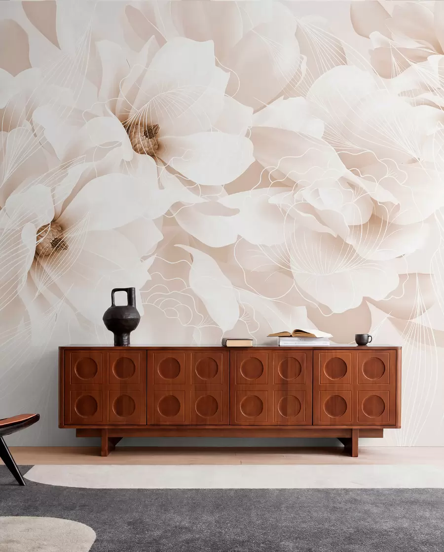 wall murals Pastel peony flowers with white and beige delicate petals and white lines on a light beige background w08826v1