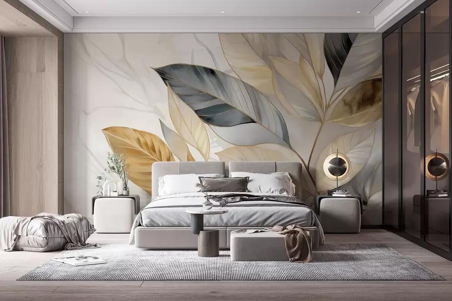 wall murals Yellow, gray and white delicate large leaves on a white abstract textured background w08828