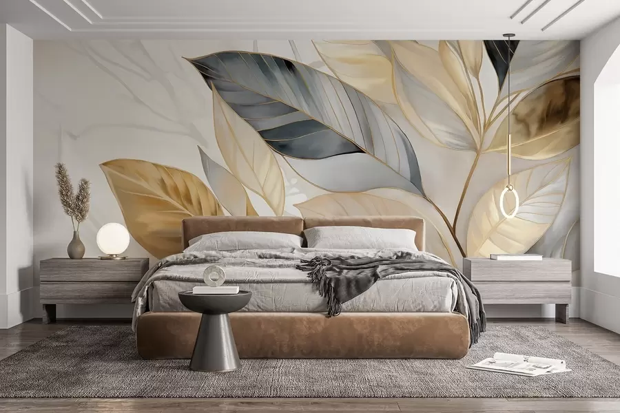 wall murals Yellow, gray and white delicate large leaves on a white abstract textured background w08828