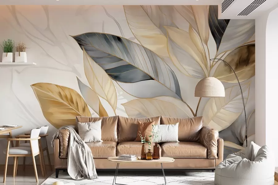 wall murals Yellow, gray and white delicate large leaves on a white abstract textured background w08828