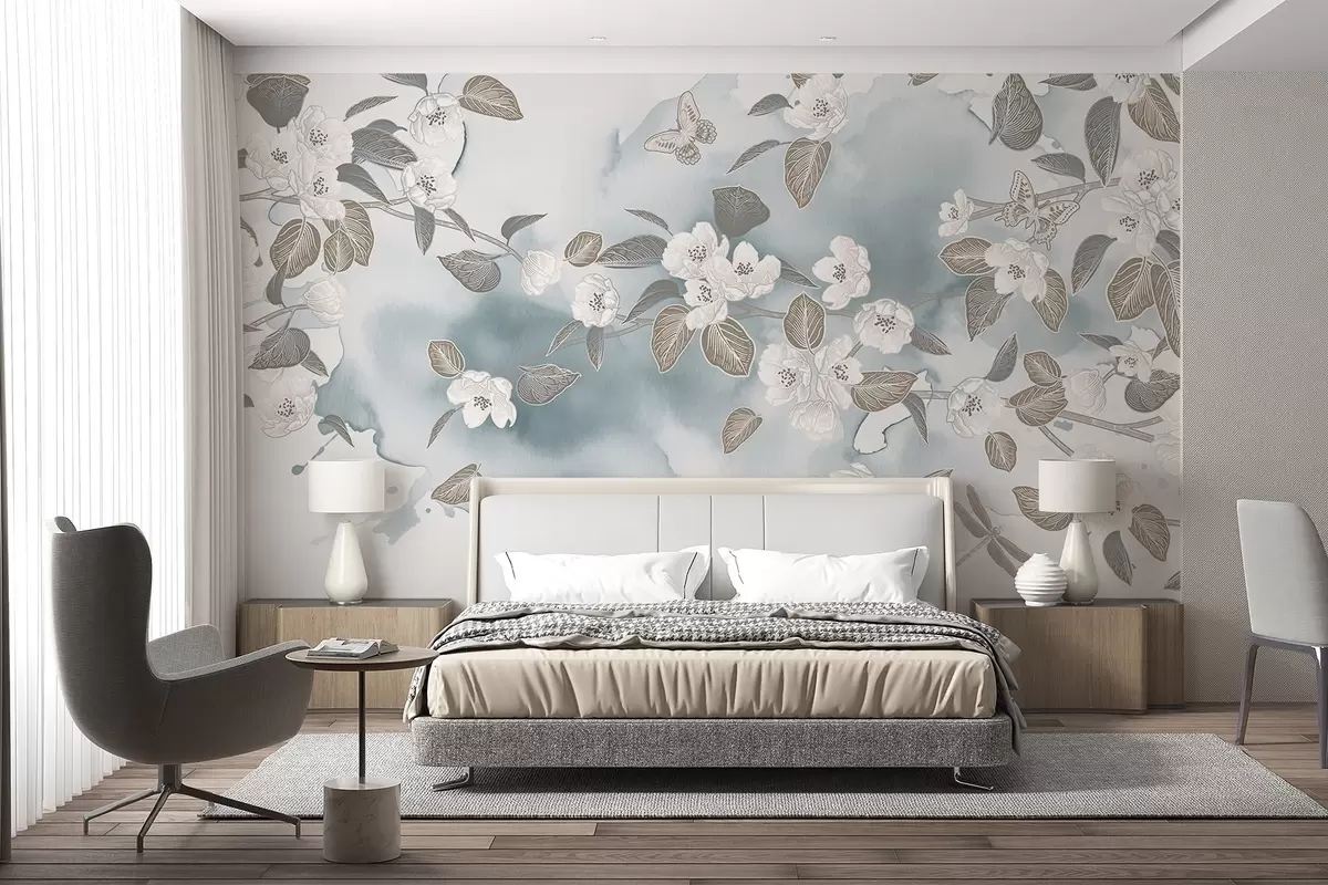 wall murals Cherry tree blossom branch with flowers, leaves, butterflies on a light blue watercolor textured background w08831v1