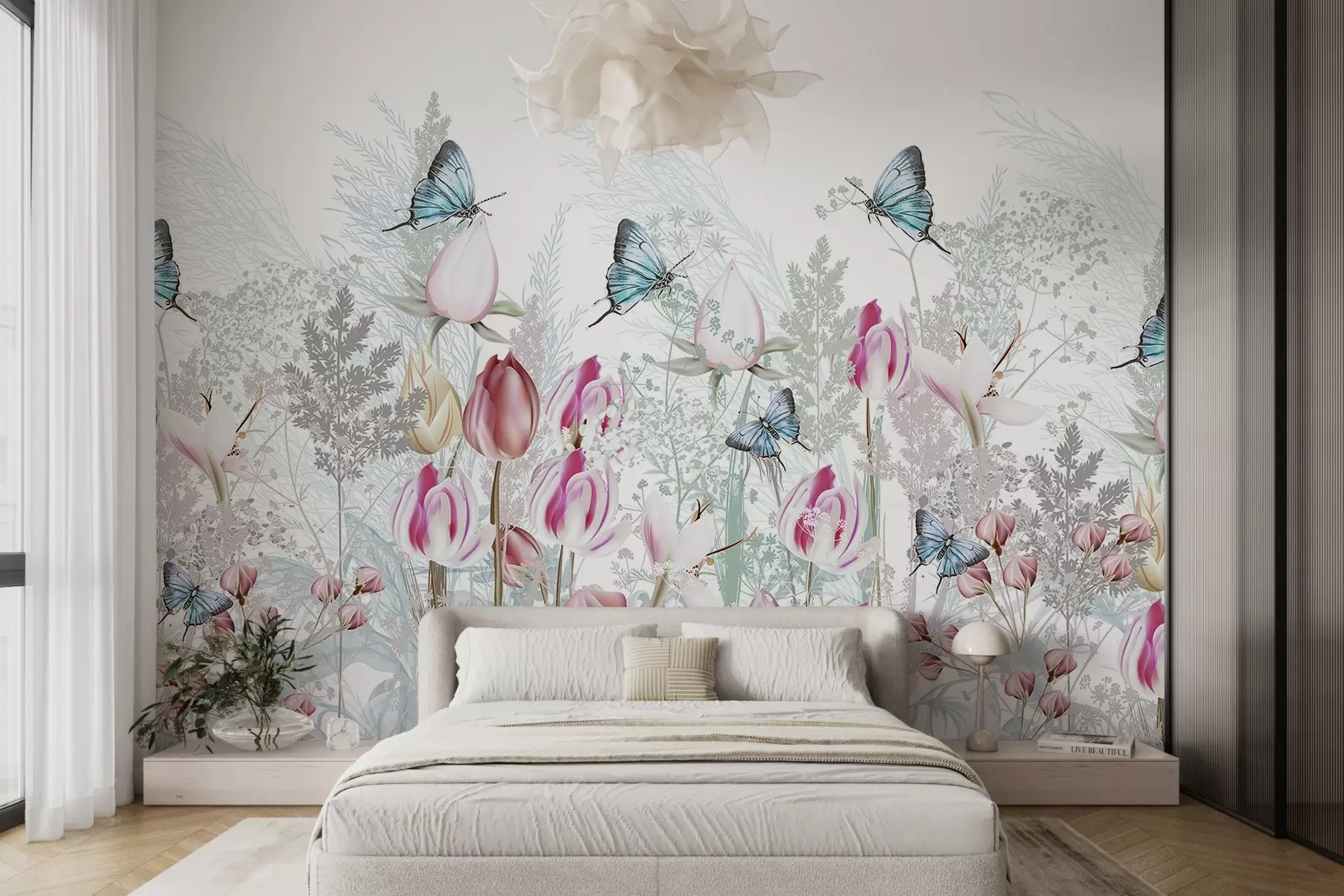 wall murals Pastel print with tulip flowers, grass and butterflies flying in a garden w08834