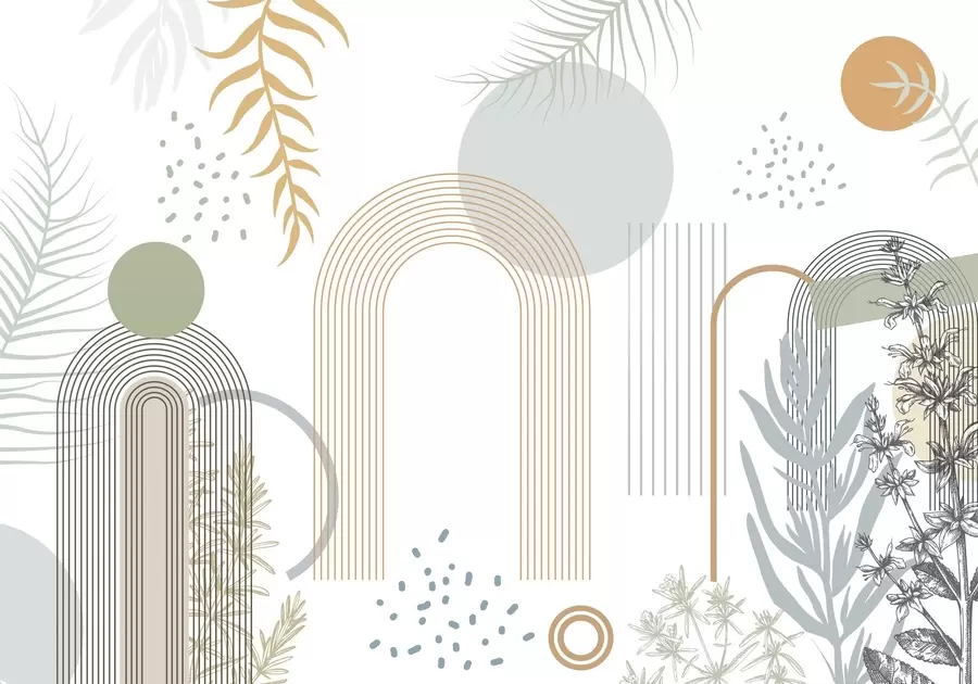 wall murals Abstract print with geometric shapes, arches and tropical leaves on a white background w08835