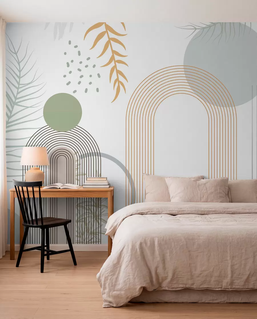 wall murals Abstract print with geometric shapes, arches and tropical leaves on a white background w08835