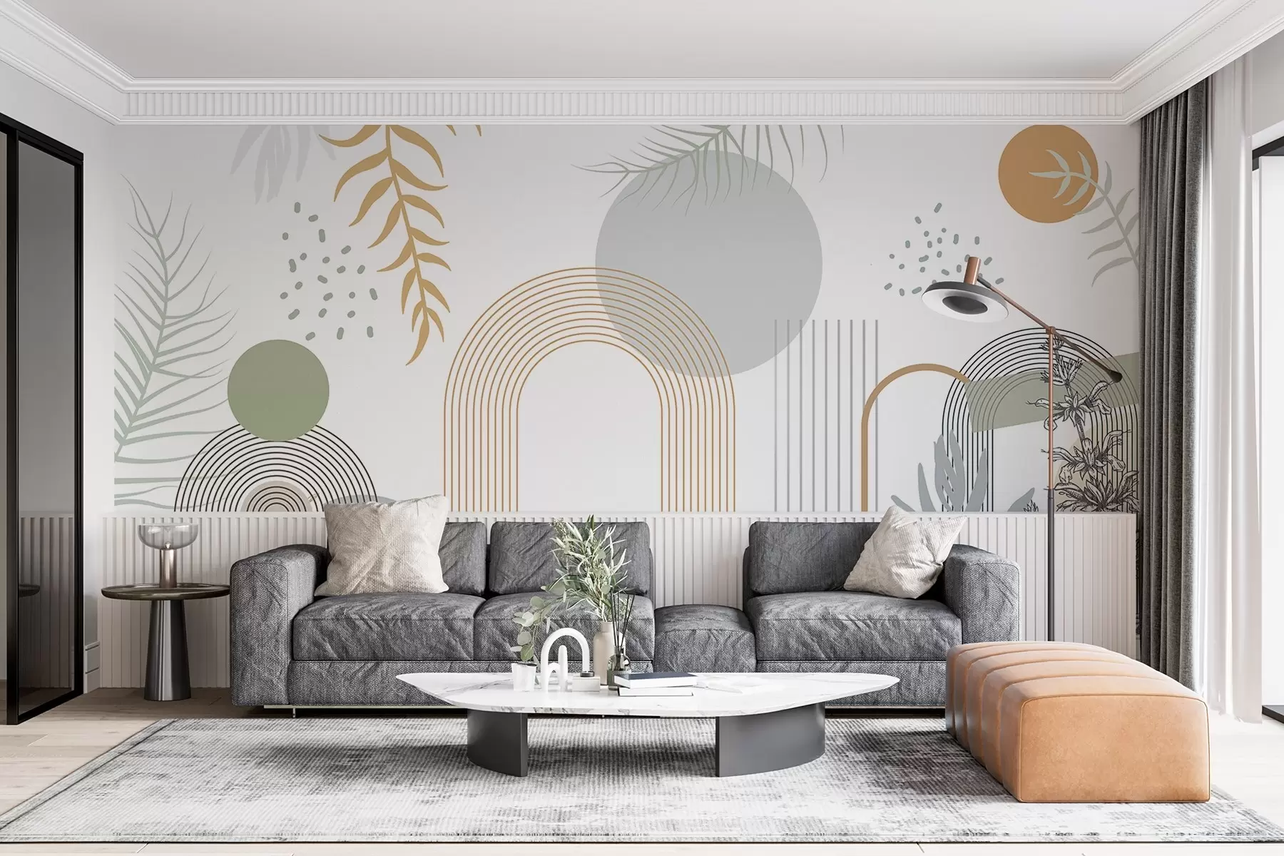 wall murals Abstract print with geometric shapes, arches and tropical leaves on a white background w08835