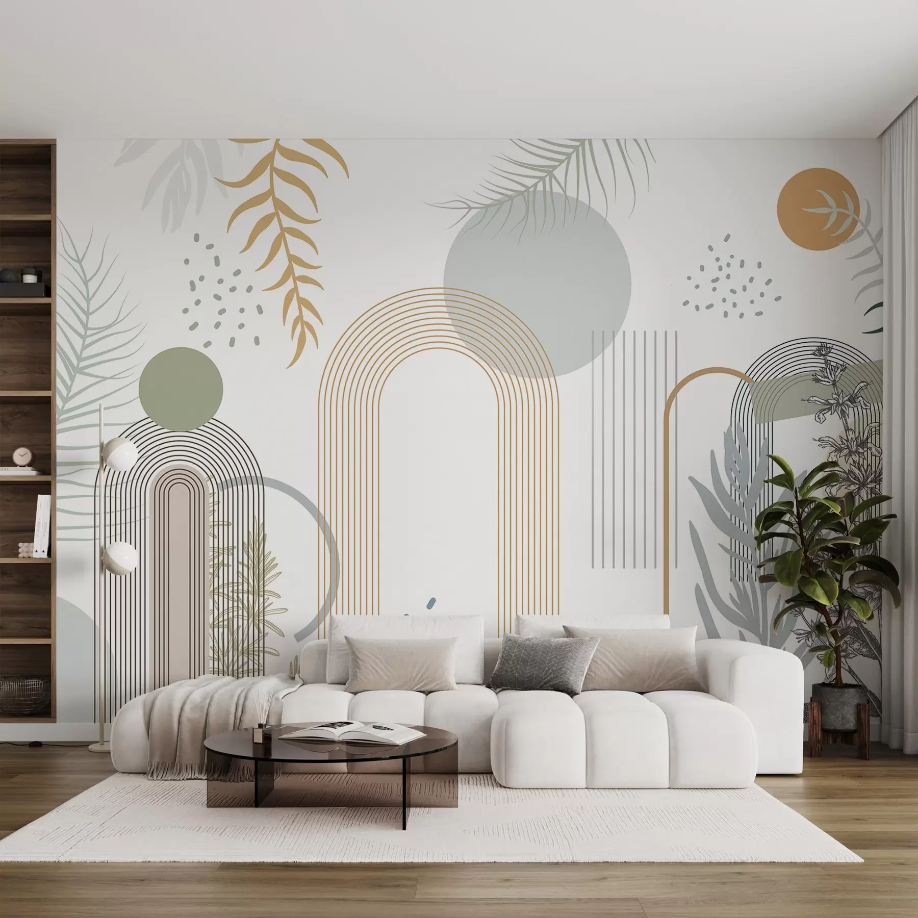 wall murals Abstract print with geometric shapes, arches and tropical leaves on a white background w08835