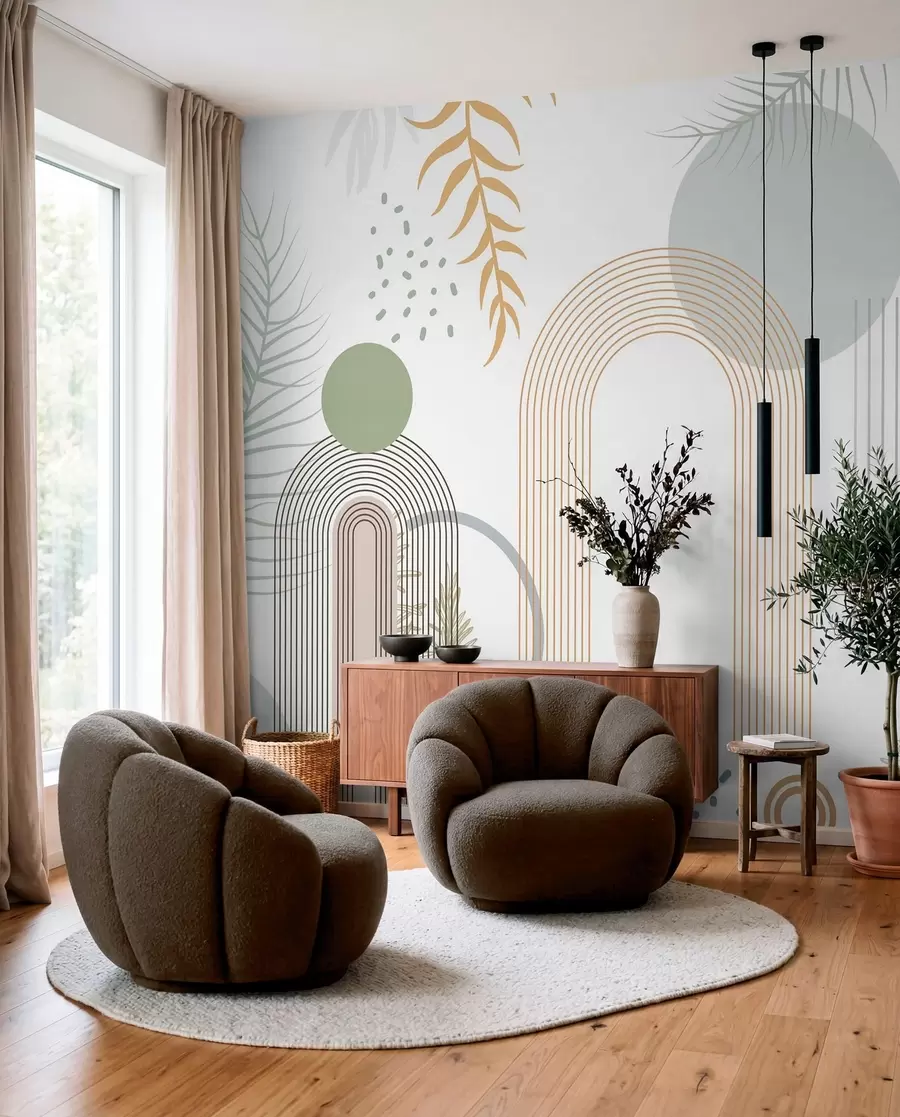 wall murals Abstract print with geometric shapes, arches and tropical leaves on a white background w08835