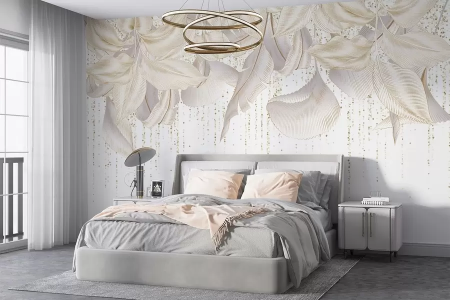 wall murals White detailed tropical leaves and yellow dotts texture on a white background w08836