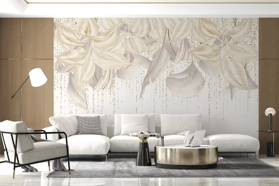 wall murals White detailed tropical leaves and yellow dotts texture on a white background w08836