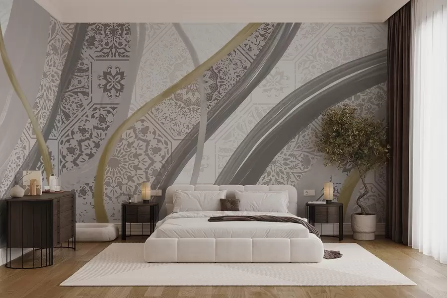 wall murals Abstract painting with geometric patterns and curved lines in beige, gray and yellow colors w08837