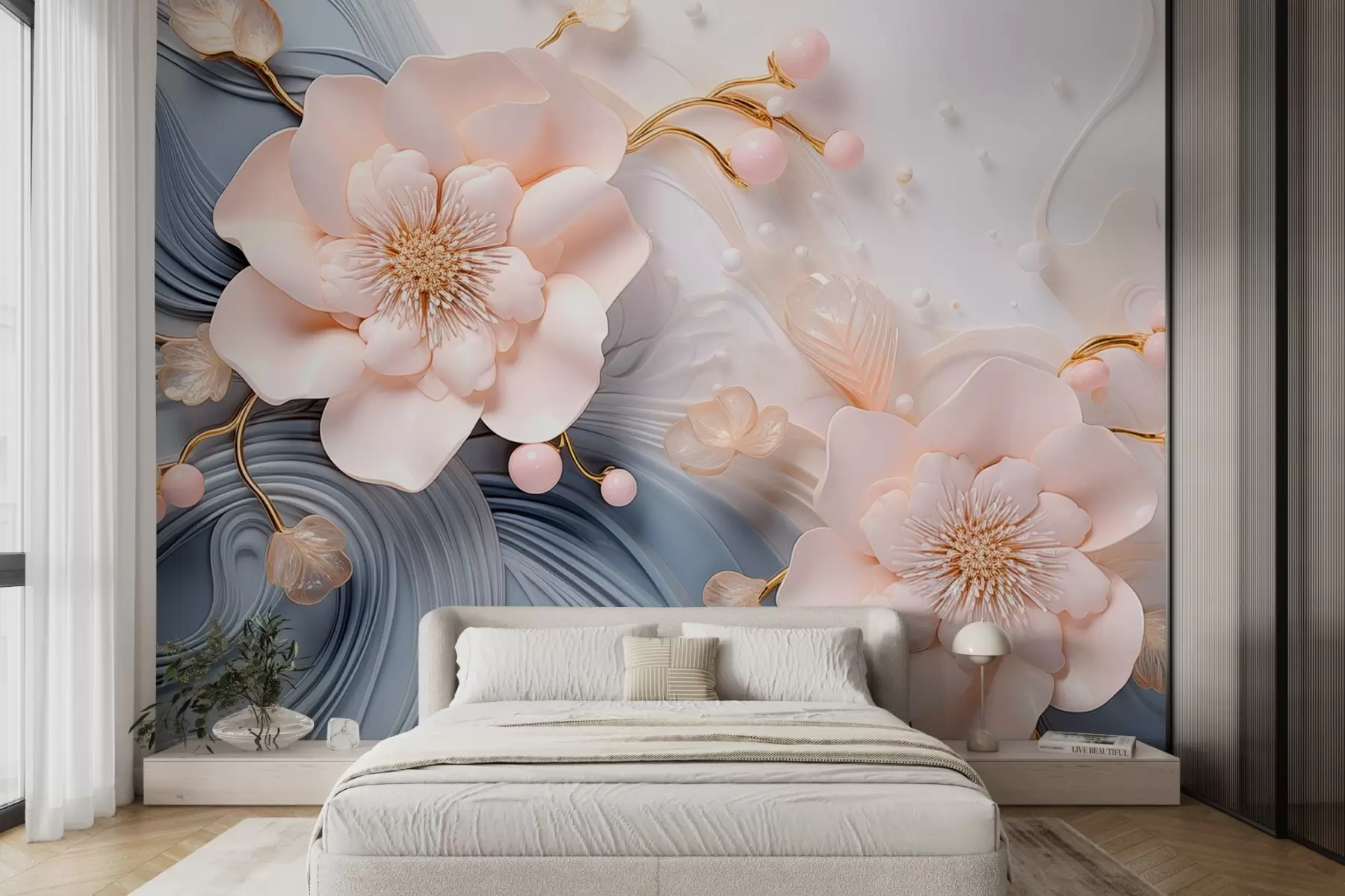wall murals 3D background design with pink flowers and pearls against blue and white waves w08806